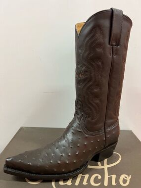 RANCHO BOOTS Western Men’s Cowboy Boots Dark Brown Ostrich Print Snip Toe